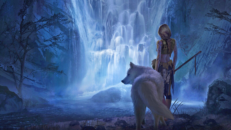Woman and White Wolf — Blue, Serene