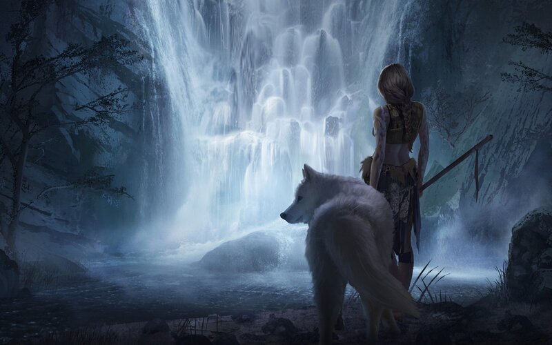 Woman and White Wolf — Blue