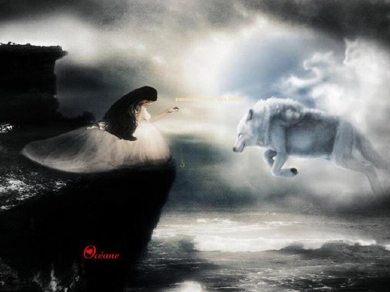 Woman and White Wolf — Dramatic, Night