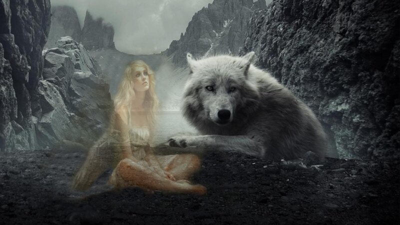 Woman and White Wolf — Gray, Dramatic, Digital Art