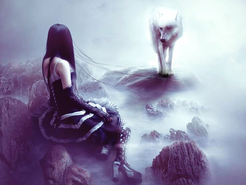 Woman and White Wolf — Purple