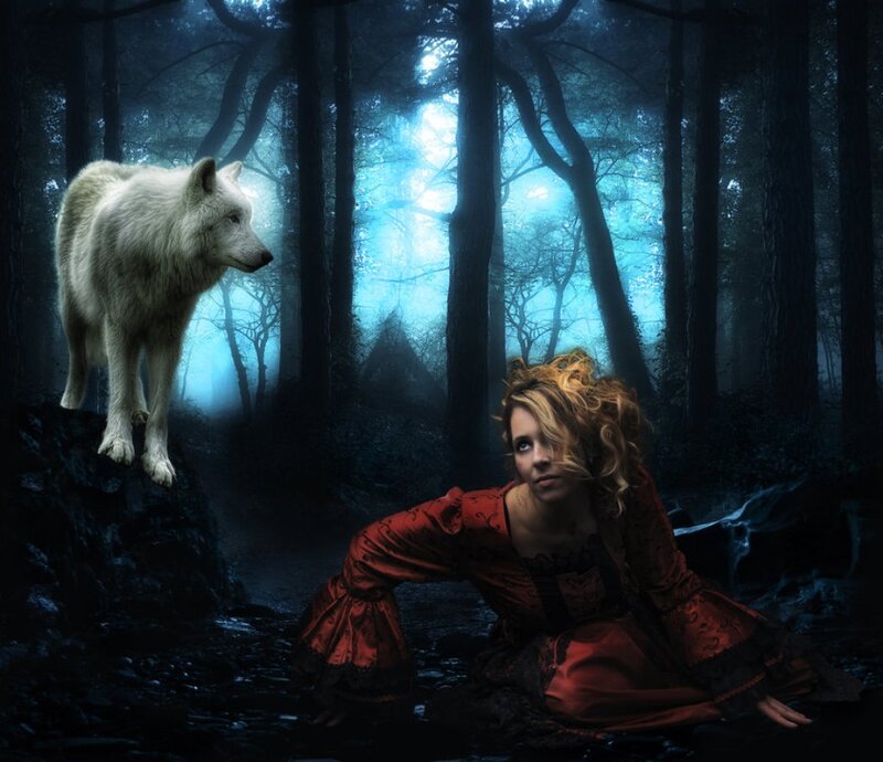 Woman and White Wolf — Red