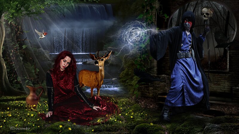 Woman and Wizard in Forest — Blue