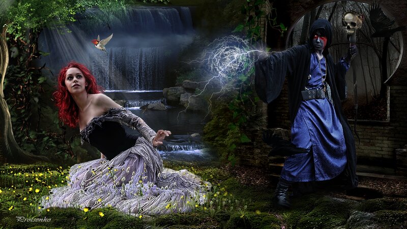 Woman and Wizard in Forest — Green