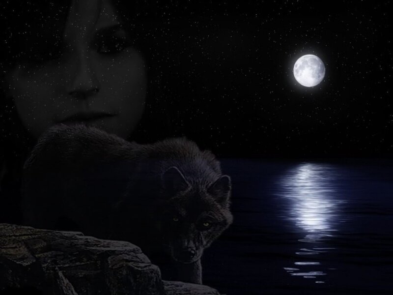Woman and Wolf at Night
