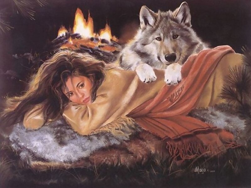 Woman and Wolf by Fire — Brown