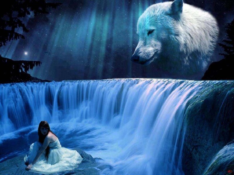 Woman and Wolf by Waterfall — Blue