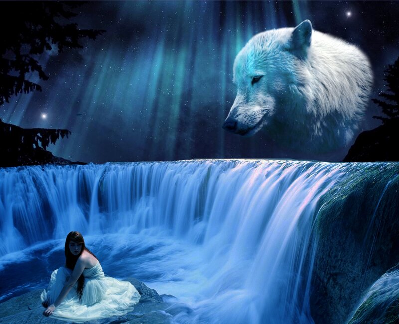 Woman and Wolf by Waterfall