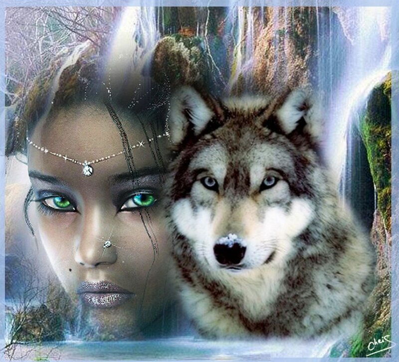 Woman and Wolf Face — Blue, Mystical