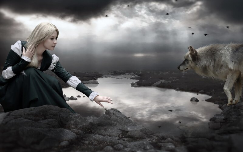 Woman and Wolf — Gray, Dramatic, Digital Art, River