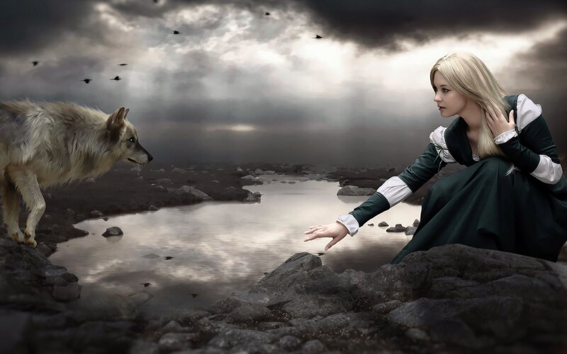 Woman and Wolf — Gray, Dramatic, Digital Art