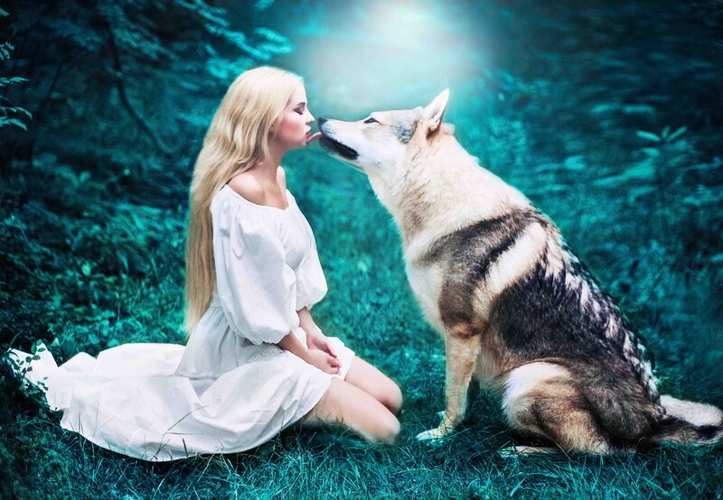 Woman and Wolf — Green, Serene, Digital Art