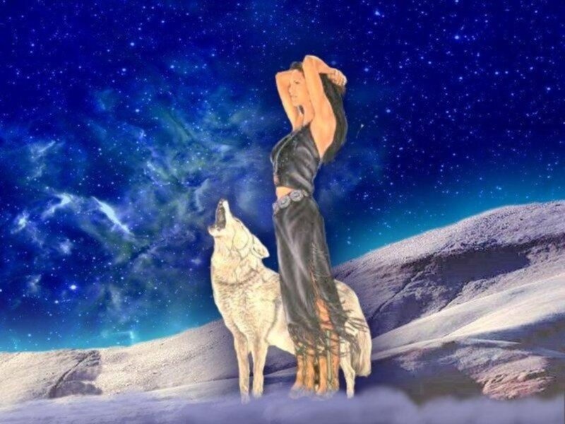 Woman and Wolf Howling — Blue, Dramatic, Night, Digital Art
