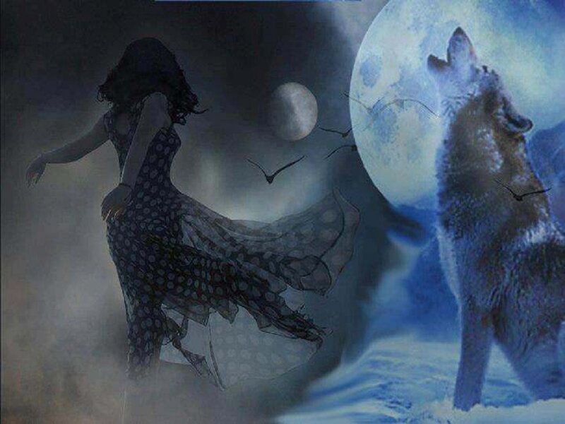 Woman and Wolf Howling — Blue, Dramatic, Night