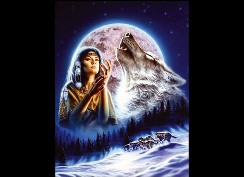 Woman and Wolf Howling — Blue