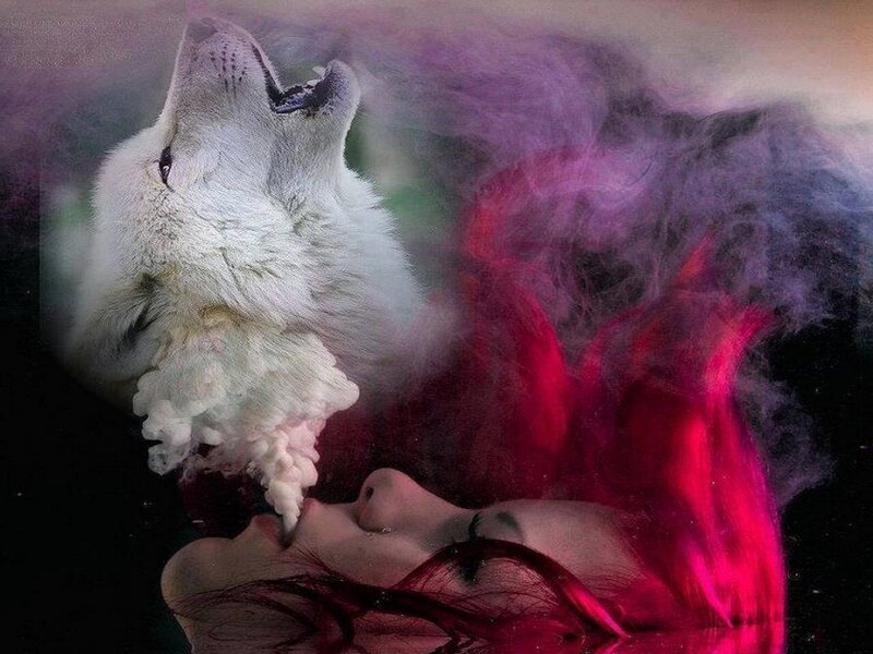 Woman and Wolf Howling — Red, Dramatic, Digital Art