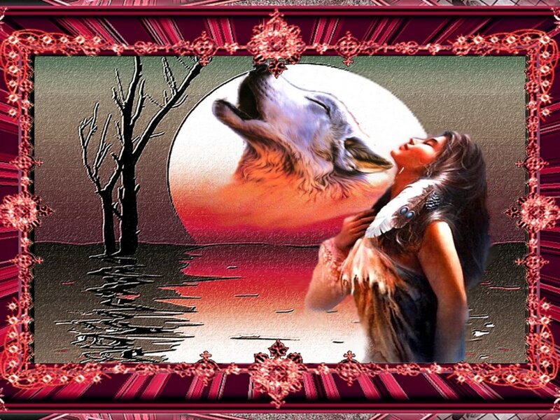 Woman and Wolf Howling — Red, Dramatic