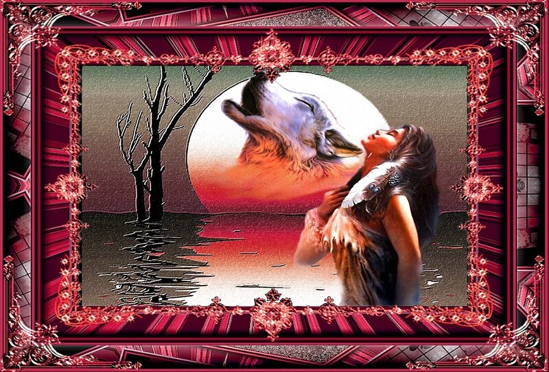 Woman and Wolf Howling — Red