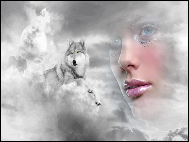 Woman and Wolf in Clouds