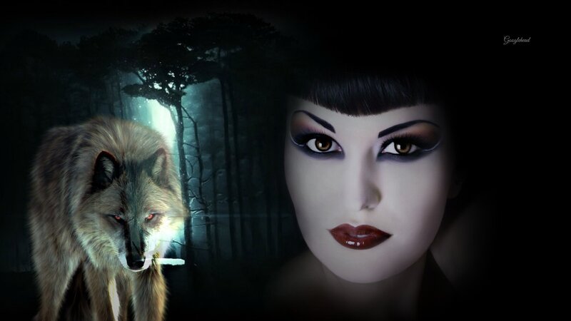 Woman and Wolf in Forest — Black