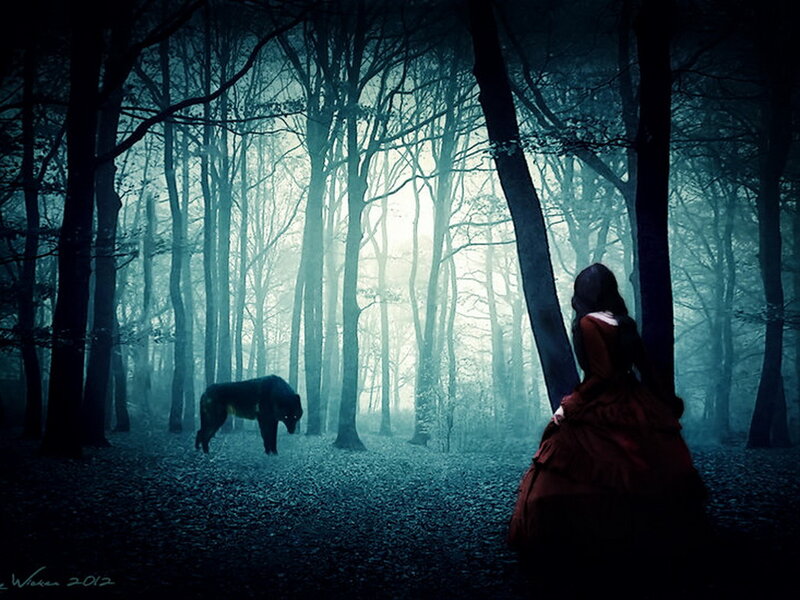 Woman and Wolf in Forest — Blue, Mysterious