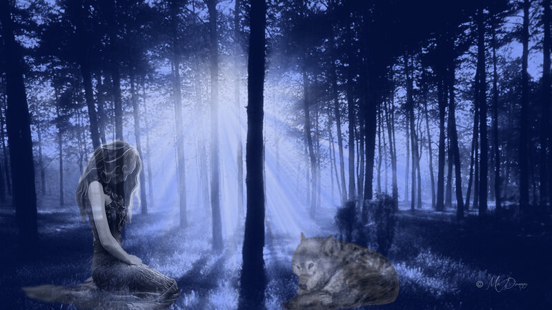 Woman and Wolf in Forest — Blue, Serene