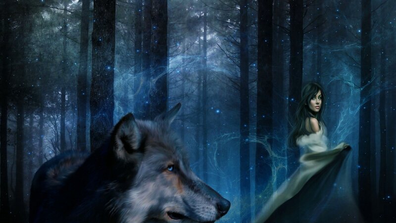 Woman and Wolf in Forest — Blue