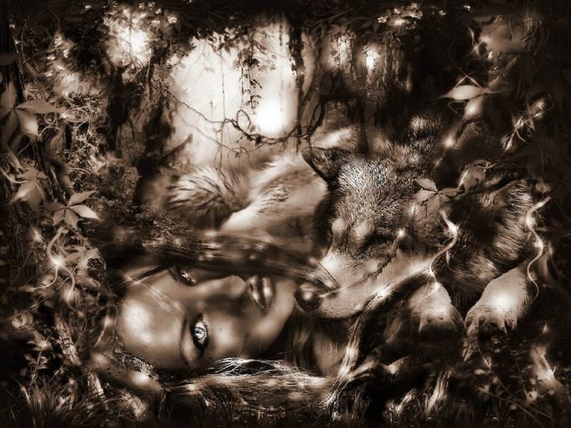 Woman and Wolf in Forest — Brown, Mystical
