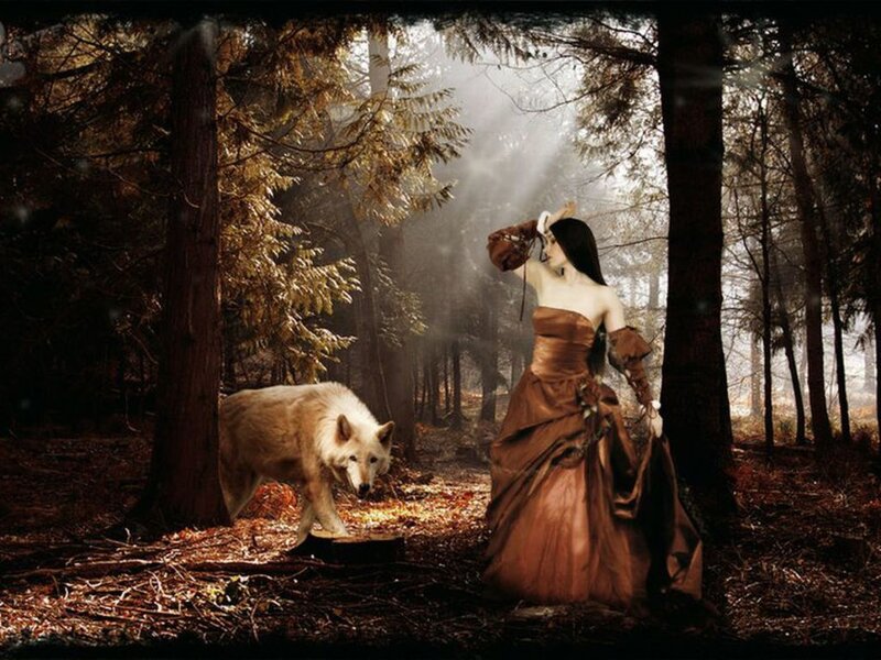 Woman and Wolf in Forest — Brown