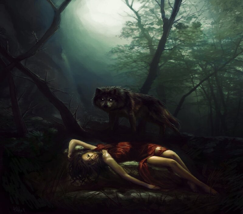 Woman and Wolf in Forest — Green, Dramatic