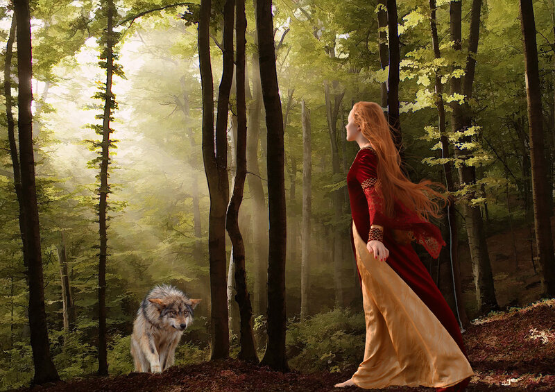 Woman and Wolf in Forest — Green, Serene