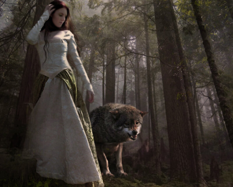 Woman and Wolf in Forest — Green