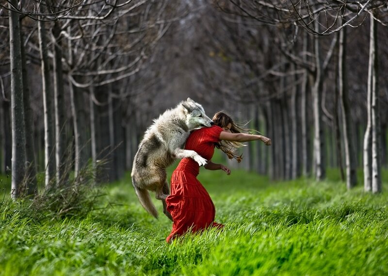 Woman and Wolf in Forest — Red