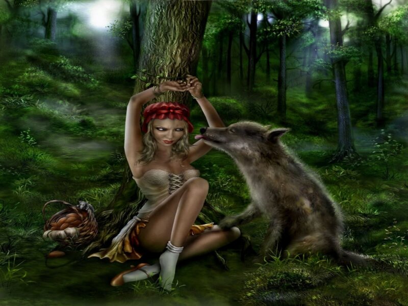 Woman and Wolf in Forest