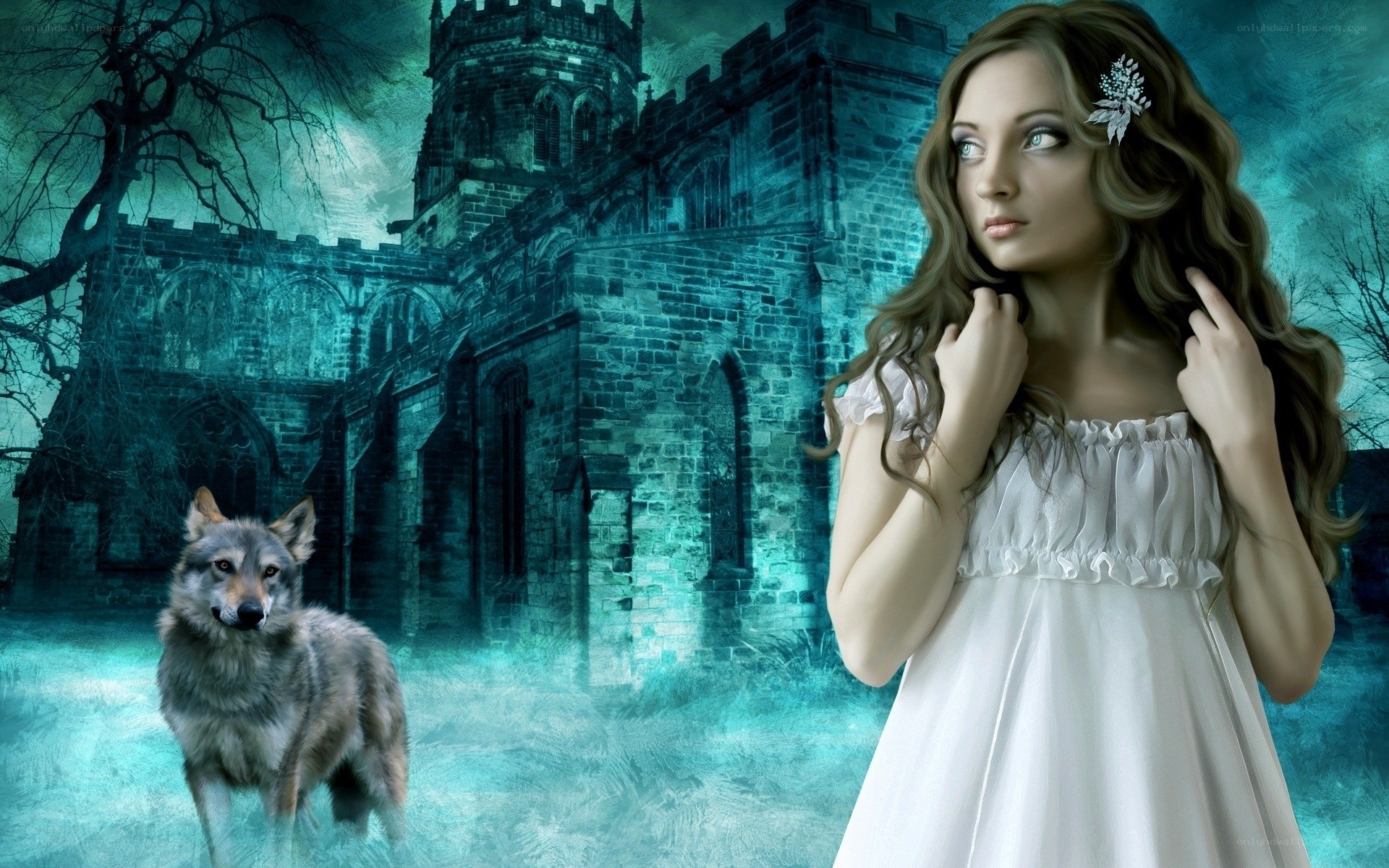woman and wolf in gothic setting