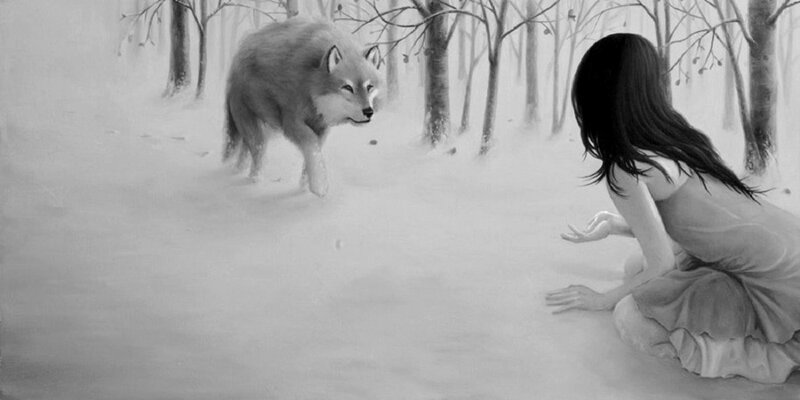 Woman and Wolf in Snow — Black