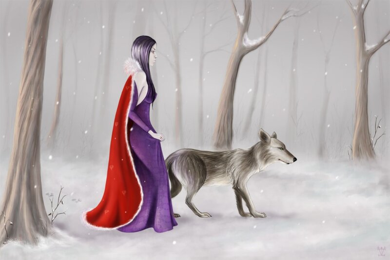 Woman and Wolf in Snow — Purple