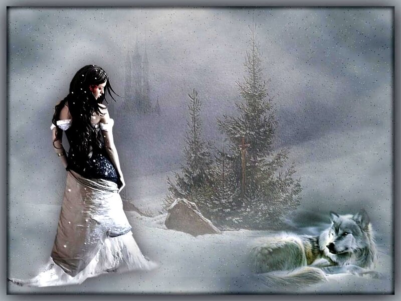 Woman and Wolf in Snow