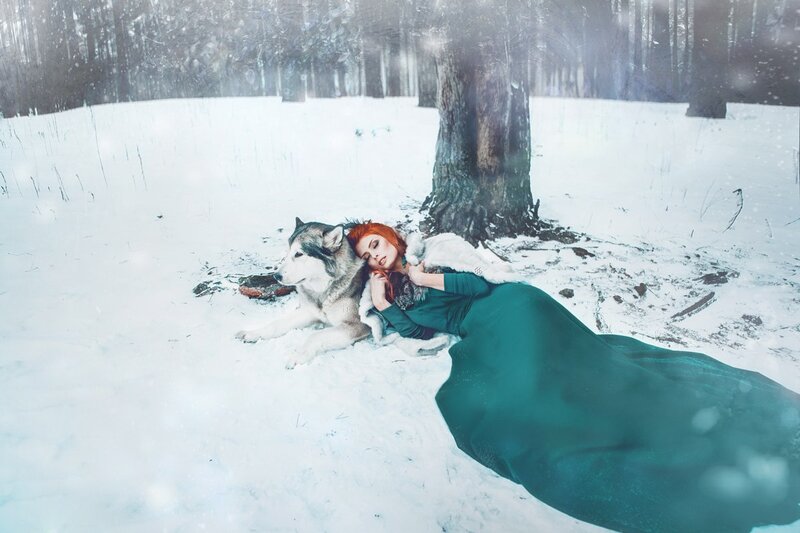 Woman and Wolf in Snow — White, Serene
