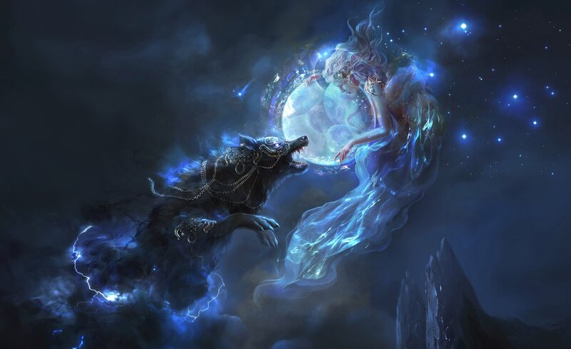Woman and Wolf in Space