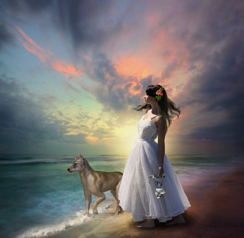 Woman and Wolf on Beach