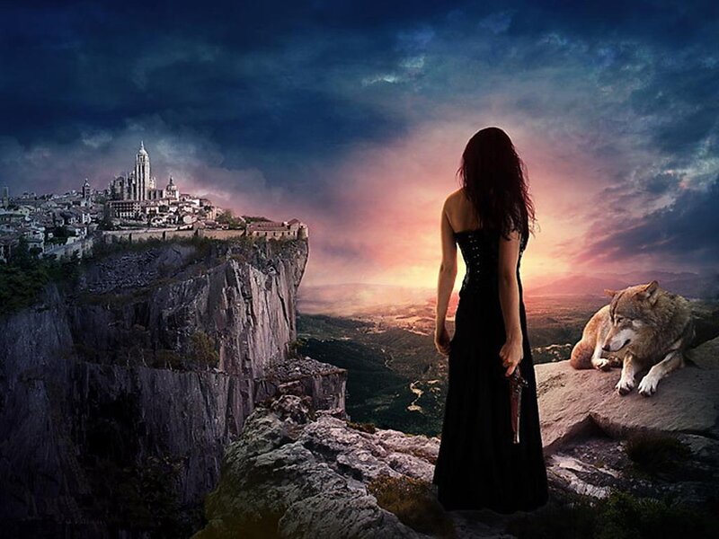 Woman and Wolf on Cliff — Black