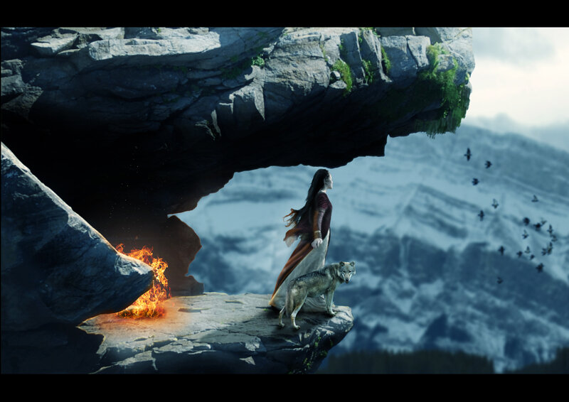 Woman and Wolf on Cliff — Gray