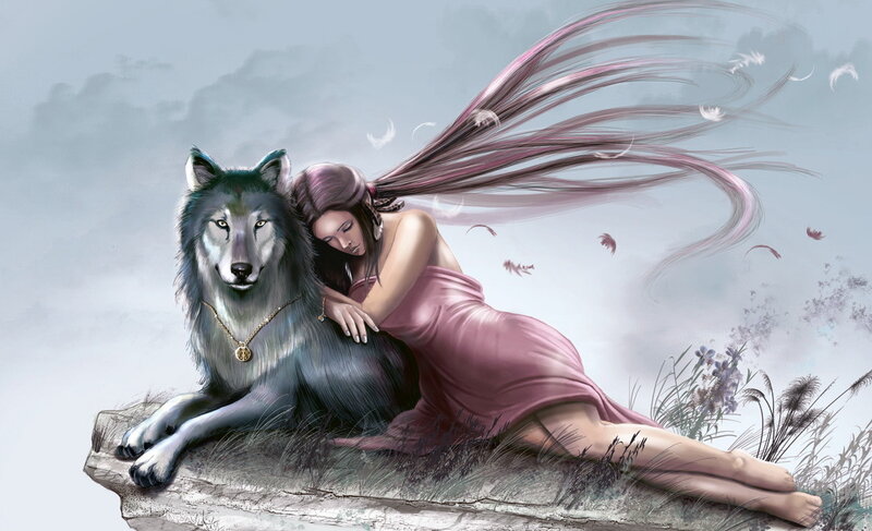 Woman and Wolf on Cliff