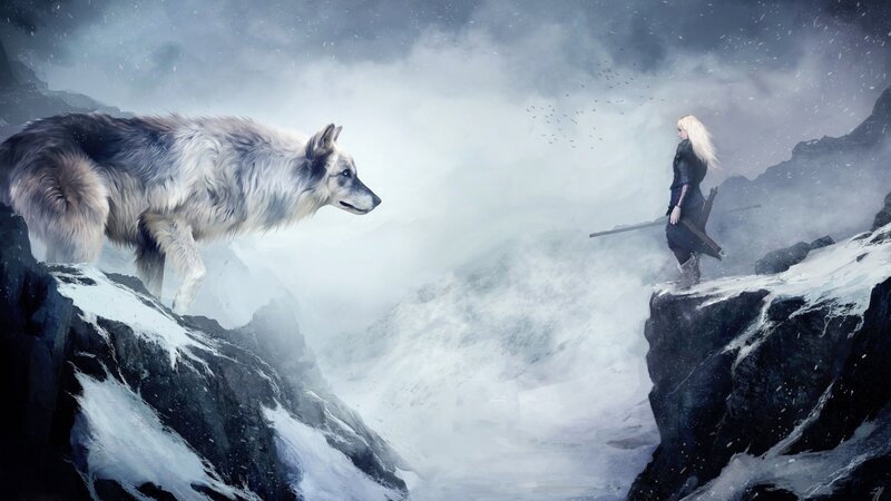 Woman and Wolf on Cliff — White