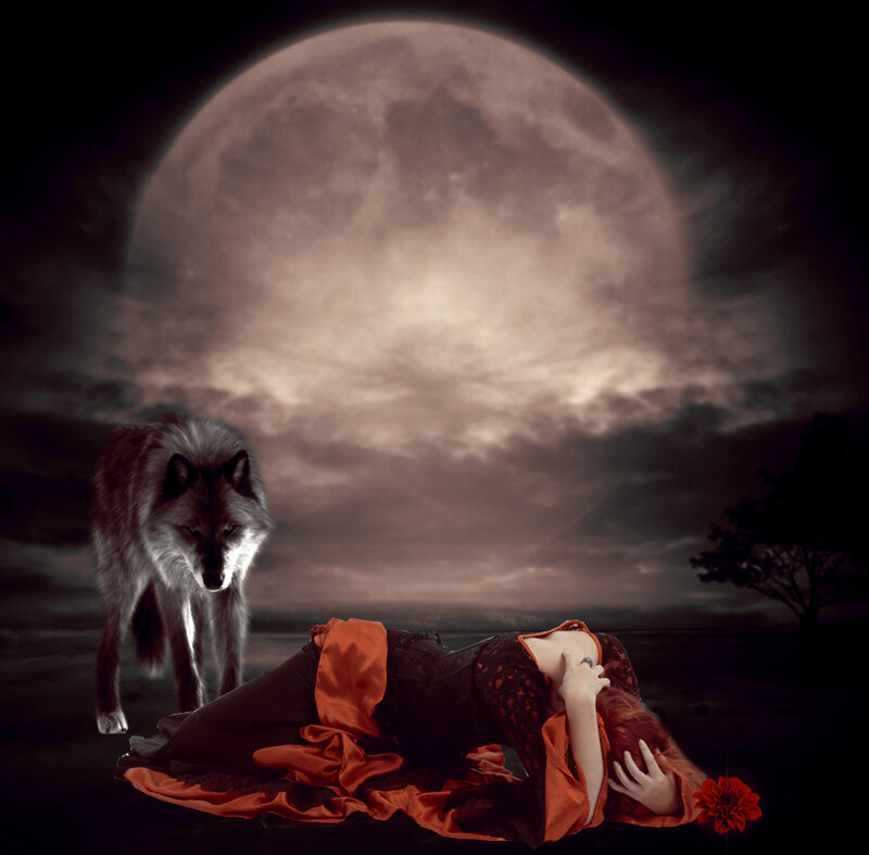 Woman and Wolf under Moon