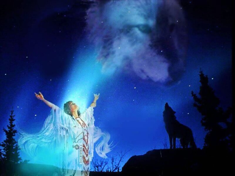 Woman and Wolf under Stars