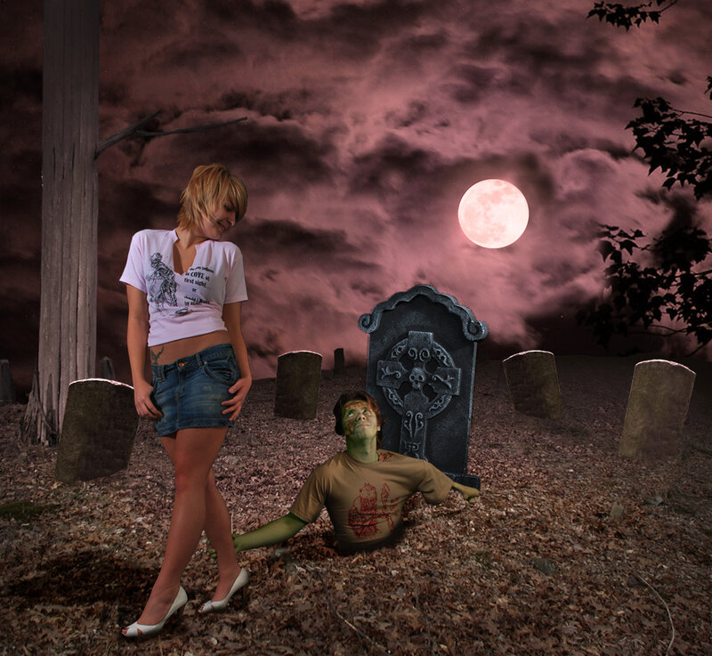 Woman and Zombie in Graveyard
