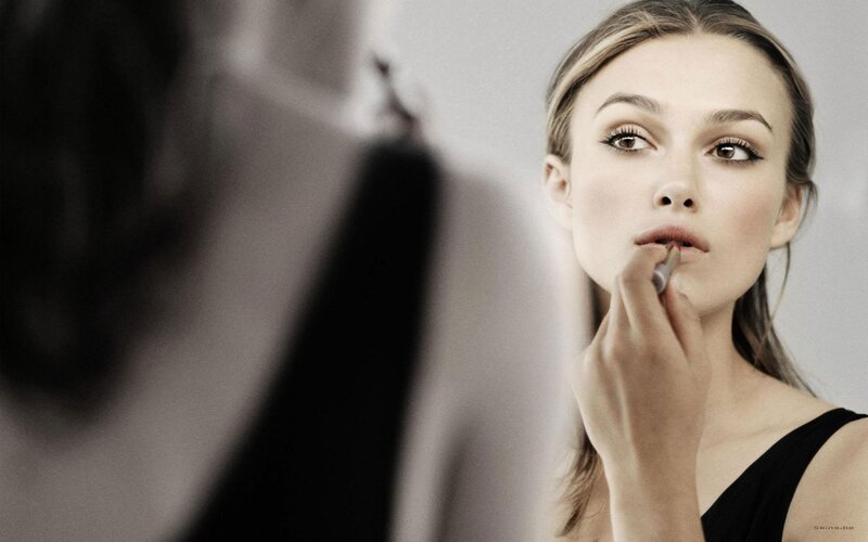 Woman Applying Lipstick — Black, Calm, Photograph, Mirror, White