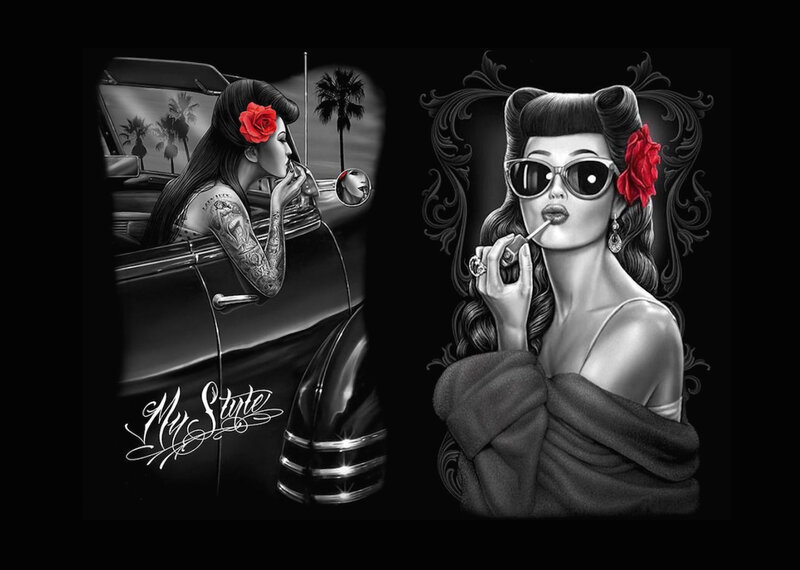 Woman Applying Lipstick — Black, Dramatic, Night, Illustration